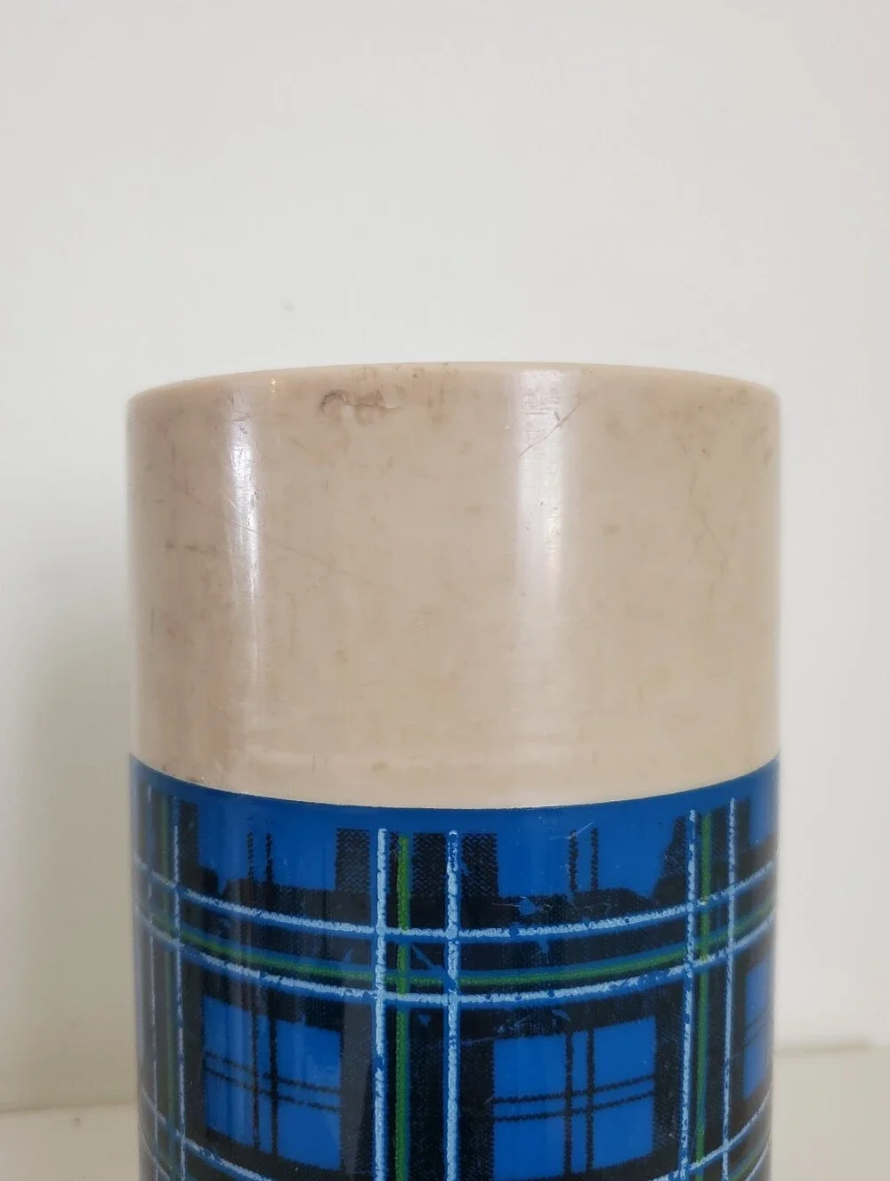 Vintage Aladdin Blue Plaid Wide Mouth Plastic Thermos Pint Size With Bowl Lid